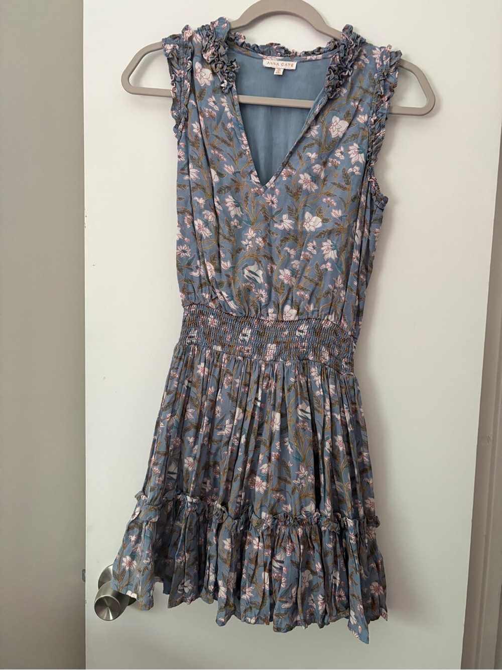 Anna Cate Dusty Blue Floral V-Neck Smocked Waist Sleeveless Dress